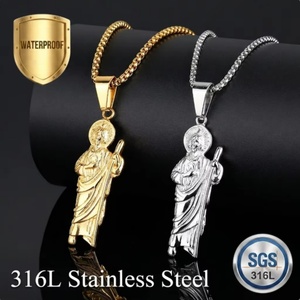Collier en acier inoxydable San Judas Tadeo, pendentif Saint Jude en or 18 carats, chaîne cubaine, bijoux religieux pour hommes, style hip-hop - Product Image 1