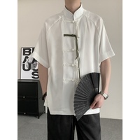 Chemise Homme Grande Taille Style Chinois Tang, Manches Courtes, Col Montant, Boutons Grenouille, Coupe Ample Décontractée, Haut d'Été pour Hommes