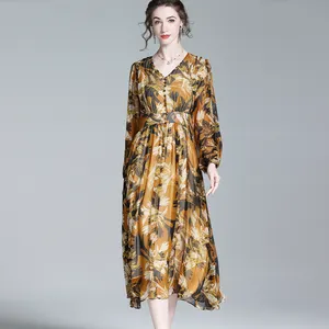 Casual Dongguan Custom Retro High-End Noble Floral Dress Ladies Silk Dress 100% Mulberry Silk Dresses Women