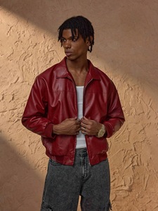 Blouson vintage de motard <span class=keywords><strong>en</strong></span> <span class=keywords><strong>cuir</strong></span> d'agneau véritable rouge à fermeture éclair avec logo personnalisé de haute qualité pour hommes - Product Image 5