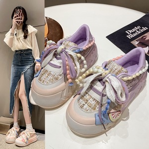 Baskets <span class=keywords><strong>Femme</strong></span> Rétro à Bout Fermé et Semelle Épaisse, Chaussures de Course Décontractées pour Femmes, Baskets Plateformes Mignonnes et Colorées, Chaussures Décontractées en Tweed Patchwork - Product Image 2