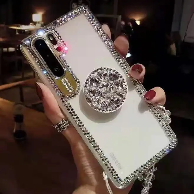 Funda de teléfono móvil 3D hecha a mano con diamantes brillantes, cristal transparente, soporte y correa para el cuello, para Samsung note 10, 9, 8, S7, S8, S9, S10
