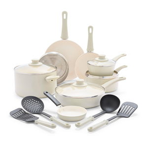 Nouvelle conception, batterie de cuisine légère en aluminium pressé, 8 pièces, revêtement céramique antiadhésif, poêle à sauter, casserole, poêle à frire, compatible lave-vaisselle - Product Image 1