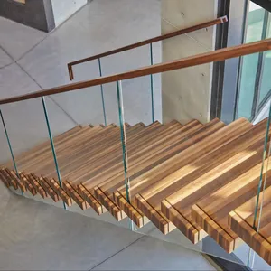 Mono Beam mewah desain Modern tangga standar aman 200*150*5mm dengan tapak kayu kuat 80mm dan pegangan tangga lurus