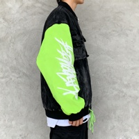 Blouson Bomber Vert Néon Tendance avec Manches Effet Graffiti - Veste Cargo Oversize en Jean Noir pour Hommes