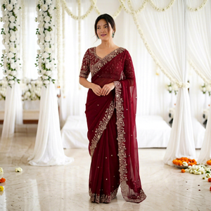 Sari de Seda Color Granate con Bordado Dorado para Boda, Traje Tradicional Indio para Mujer, Largo hasta el Suelo, Corte Regular, Protección Solar, para Todas las Estaciones - Product Image 1