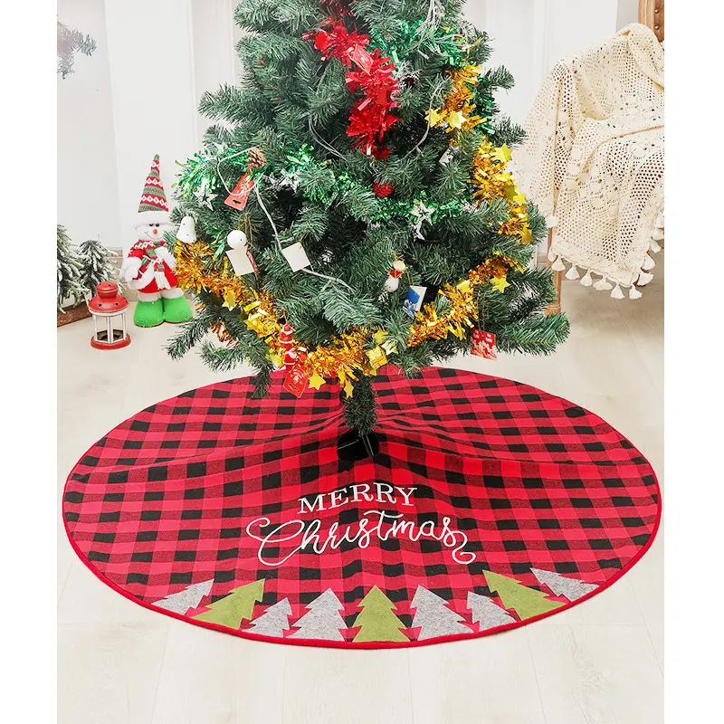 48 Inches Printed Elk Reindeer Rudolf Christmas Carpet Embroidered Tree Xmas Mat Acrylic Plaid Christmas Tree Skirt