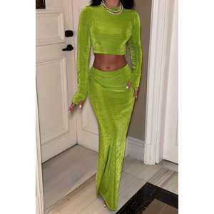 Ensemble jupe et haut 2 pièces vert uni, coupe ample, décontracté et élégant, pour l'été, en tricot, longueur au-dessus du genou - Product Image 6