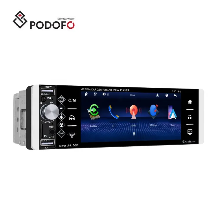 Podofo 5.1" 1 Din Car Stereo with Wireless Carplay Android Auto Car MP5 Player FM/AM/RDS Dual USB AUX-IN Car Radio Autostereo