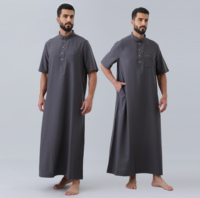 Qamis saoudien respirant à manches courtes avec patte de boutonnage pour homme musulman, robe arabe islamique Dishdasha pour la prière et le quotidien