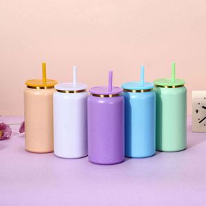 Nouvelle Gourde Isotherme en Acier Inoxydable de 16 oz à Double Paroi, Revêtement Poudré, avec Couvercle et Paille Colorée pour Boissons - Product Image 4