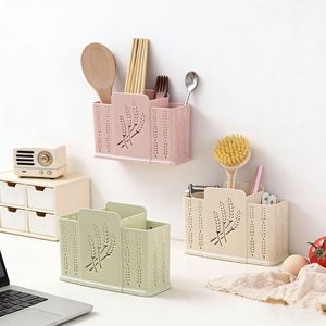 <b>Wall</b> Mounted Chopstick Holder Multi Compartment Plastic Drain Basket Punch Free Adhesive Kitchen Storage Organizer Rectangle - Product Image 1