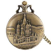 Antiguo Castillo edificio collar cadena reloj Retro bronce Steampunk cuarzo reloj de bolsillo para regalo