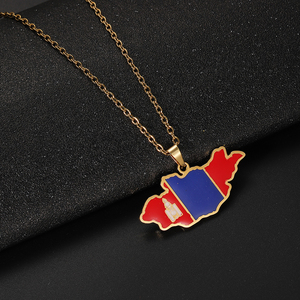 Colliers à chaîne maillons avec carte de la <span class=keywords><strong>Mongolie</strong></span> plaqués or 18 carats, pendentif <span class=keywords><strong>drapeau</strong></span> mongol en émail en acier inoxydable - Product Image 1