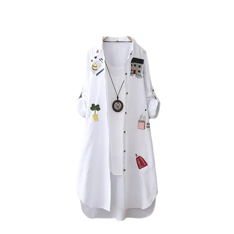 Loose Long Shirt Women Cotton House Embroidery Long Sleeve Plus Size M-3xl White Shirt Blouse Tops Outwear