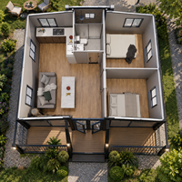 Maisonnette préfabriquée moderne à deux chambres, plan ouvert, salle de bain complète, extérieur moderne, maison familiale