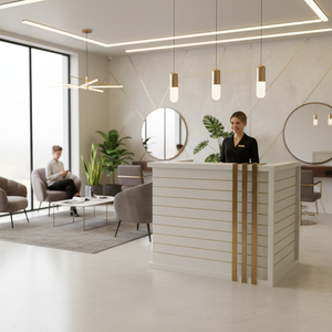 Mostrador de Recepción Comercial Moderno y Lujoso en Madera Blanca y Dorado para Salones de Belleza, Barberías, Gimnasios, Hospitales, Supermercados, Apartamentos y Escuelas - Product Image 2