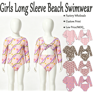Traje de Baño de Manga Larga para Niñas, Venta al por Mayor de Fábrica, Estampado Floral Hawaiano Personalizado, Traje de Baño de Una Pieza con Lazos en la Espalda, Bikini de Playa para Niños - Product Image 1