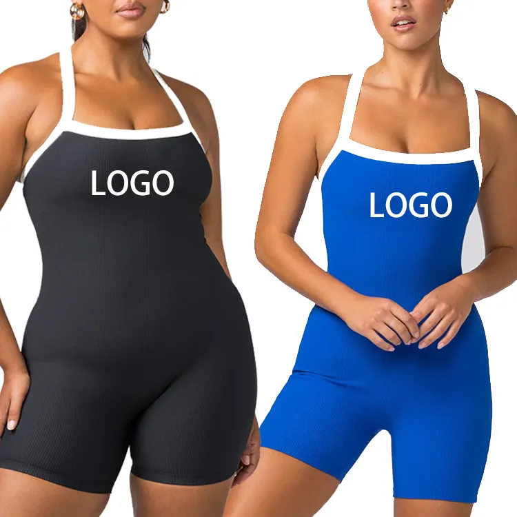Großhandel individuelles Logo Einteiliger Jumpsuit hochelastisch 4-Wege-Stretch Nylon Elasthan-Bodysuits für Damen