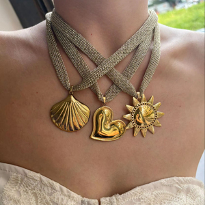 Collane con Ciondolo a Forma di Cuore, Sole e Conchiglia in Acciaio Inox Placcato Oro 18K XINRU per Donne, <span class=keywords><strong>Catena</strong></span> a Maglia Intrecciata alla Moda, Novità 2025 - Product Image 1