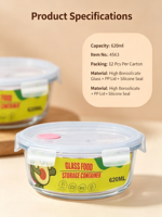 Boîte alimentaire en verre borosilicate Fannest à fond plat et à ouverture ronde, 600 ml, hermétique, avec couvercle en PP et joint en silicone