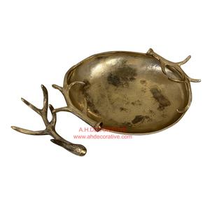 Antique Gold Top Quality Decorating Aluminum Food Serving Bowl With Antler Handles & Stand Base - Product Image 2