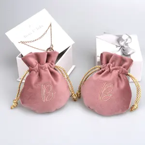 Bolsa de terciopelo elipse bordada personalizada, Mini embalaje con cordón, para joyería, pendientes, collar