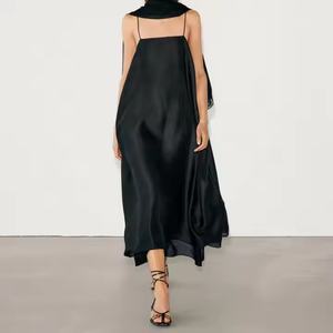 Robes longues d'été vintage décontractées élégantes de couleur unie noire, personnalisables, meilleure qualité, collection 2025 à succès - Product Image 1