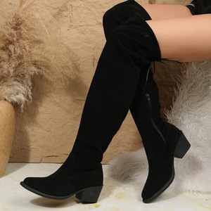 Bottes au-dessus du genou pour femmes, en daim noir, talon haut de 6 à 8 cm, tige élastique, grande taille, couleur unie, chaussures d'hiver à la mode - Product Image 3