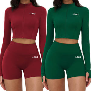 Set kustom untuk wanita <span class=keywords><strong>2</strong></span> potong, setelan baju kebugaran Gym lengan panjang dan celana pendek, Set pakaian olahraga Gym - Product Image 1