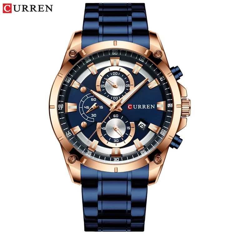 CURREN-Reloj de acero para hombre, informal, resistente al agua, esfera azul, negro, de negocios, de cuarzo, resistente al agua, 8360