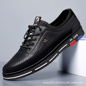 Chaussures bateau décontractées en cuir pour hommes, bout rond, à lacets, semelle en caoutchouc amortie, toutes saisons, couleur unie, logo embossé - Product Image 2