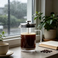 Cafetière manuelle portable en acier inoxydable avec filtre à pression, surface polie argentée, cafetière en verre, presse française
