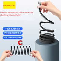Cable de Datos USB Magnético de 1m con Enrollamiento Automático, Tipo C a Tipo C, PD 60W 3A, Carga Rápida
