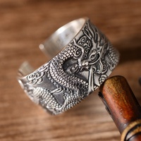 Bague ouverte classique en argent sterling 999 pour hommes Conception de boule de dragon chinoise ancienne Écritures bouddhistes Sculpté Cadeaux muraux intérieurs