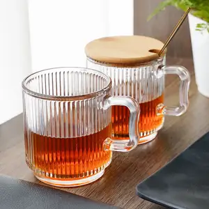 Tasse à café en verre transparent à rayures verticales avec couvercle en bambou, meilleure vente