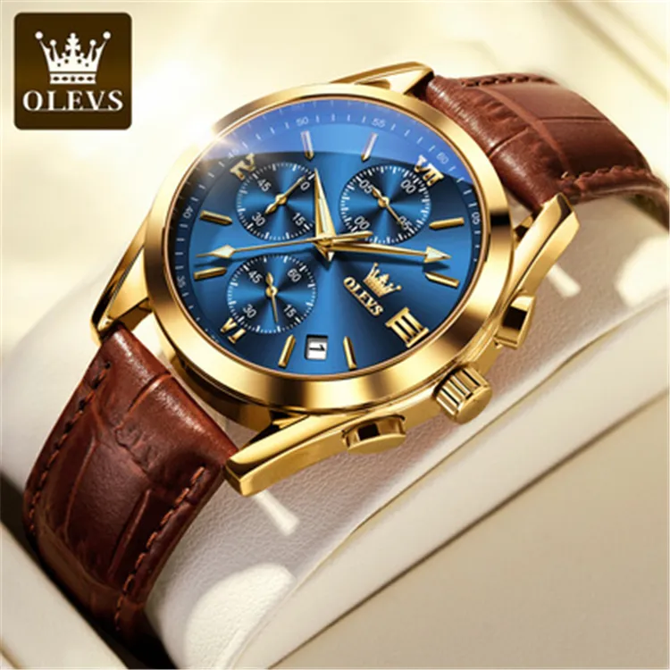 OEM OLEVS 2872 moda üst marka lüks su geçirmez saat kahverengi deri spor kol saati Relogio Masculino Quartz saat erkekler için