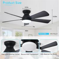 Ventilateur de plafond moderne en métal noir avec LED, 5 pales, 6 vitesses, moteur DC dimmable, télécommande, CRI élevé 90, faible bruit 30-34dB, 50000