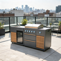 Îlot de cuisine mobile tout-en-un pour l'extérieur avec évier intégré, refroidisseur de boissons, barbecue à gaz et brûleur latéral pour les repas en plein air