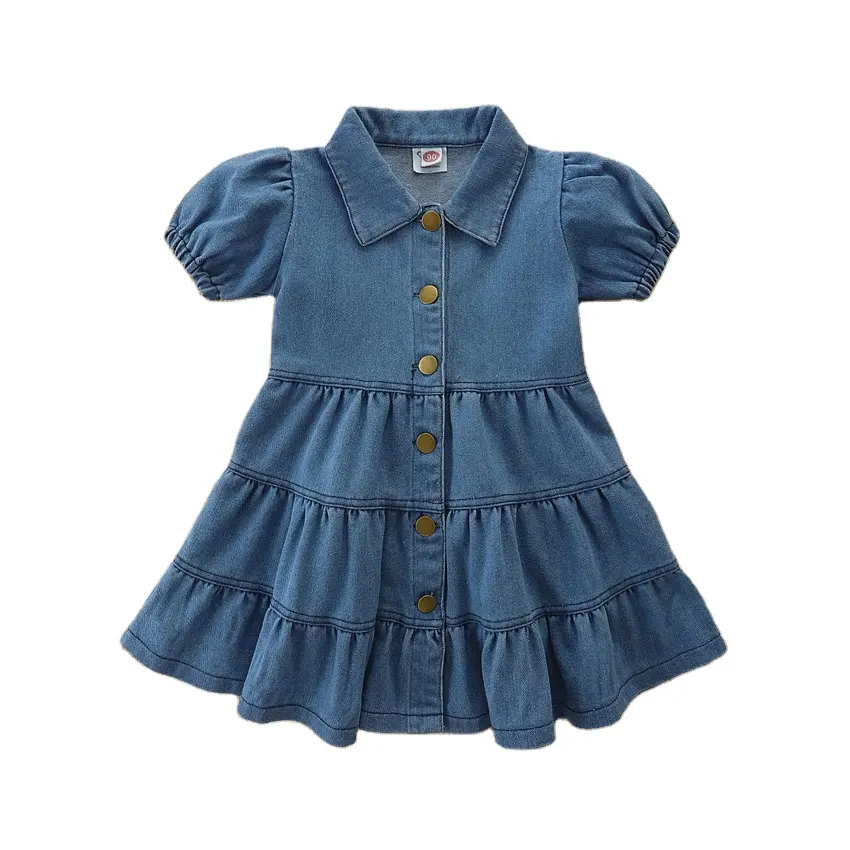 Nuevos productos calientes moda algodón burbuja mangas vaquera sin espalda Denim azul smocked vestidos para niñas