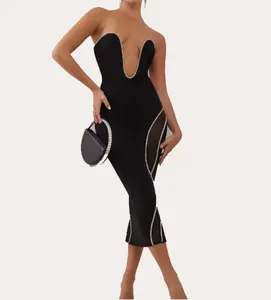 באיכות גבוהה שחור קריסטל קשט לצלול מחשוף Midi שמלת רשת בד מלפנים לאחור לבן ריינסטון שמלה