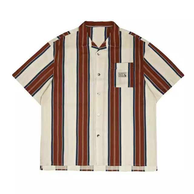 ब्राउन सफेद धारीदार आकस्मिक शर्ट पुरुषों क्यूबा के लिए कॉलर बटन अप शर्ट विंटेज लघु बांह की कमीज गर्मियों शैली