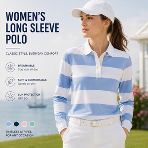 Polos pour femmes à manches longues, chemise polo rayée à manches longues pour femmes, UPF 50+, respirante, haut décontracté pour le golf - Product Image 1