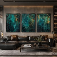 Peinture murale abstraite dorée texturée vert émeraude faite à la main, art mural moderne sur toile turquoise pour la décoration du salon