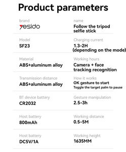 Trépied à <span class=keywords><strong>selfie</strong></span> multifonctionnel Yesido SF23 avec rotation à 360°, suivi intelligent du visage par IA, télécommande et perche en alliage d'aluminium - Product Image 5
