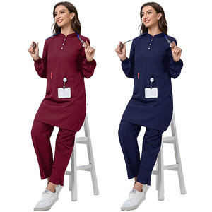 Para <span class=keywords><strong>SHEIN</strong></span> TaskFit 2 uds azul Color sólido minimalista enfermería Scrub uniforme conjunto botón frontal <span class=keywords><strong>manga</strong></span> <span class=keywords><strong>larga</strong></span> Hospital Doctor camisa - Product Image 6