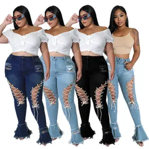 New Arrival S-5XL Stretchy Denim Jeans For Oversize Women Hollow Out Bandage Flare Pants Fashion Street Wear Plus Size Lady Jean