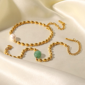 Ins Natural Crystals Healing Stones <strong>Emerald</strong> Stone Necklace Green Aventurine Stone <strong>Beads</strong> Oval Gold Bracelet/Necklace Jewelry Sets - Product Image 5