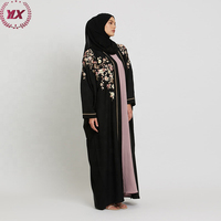 Nouvelle Robe Musulmane pour Femmes de Dubaï, Robe Turque Été 2023, Abaya Ouverte Brodée Florale Noire Modeste, Vêtement Islamique en Polyester