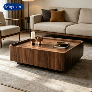 Modern Square <b>Walnut</b> Veneer Coffee <b>Table</b> with Tray Edge & Lacquer Base for Living Room Hotel Lobby - Product Image 3